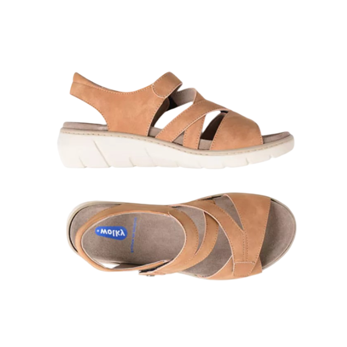 Pair of Tan backstrap sandals with two Velcro split design straps, tan Wolky logo'd footbed and cushioned grey outsole.