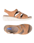 Pair of Tan backstrap sandals with two Velcro split design straps, tan Wolky logo'd footbed and cushioned grey outsole.