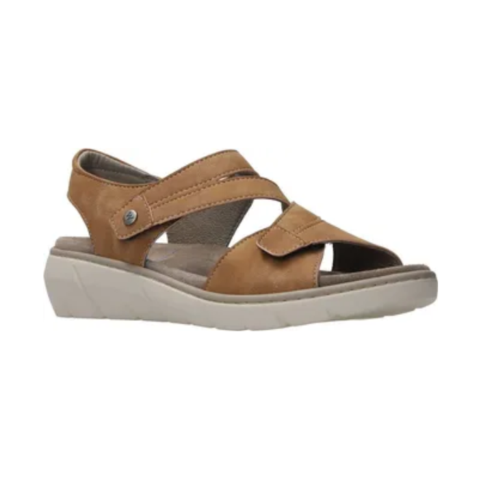 Tan backstrap sandal with two Velcro split design straps, tan footbed and cushioned grey outsole.