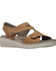 Tan backstrap sandal with two Velcro split design straps, tan footbed and cushioned grey outsole.
