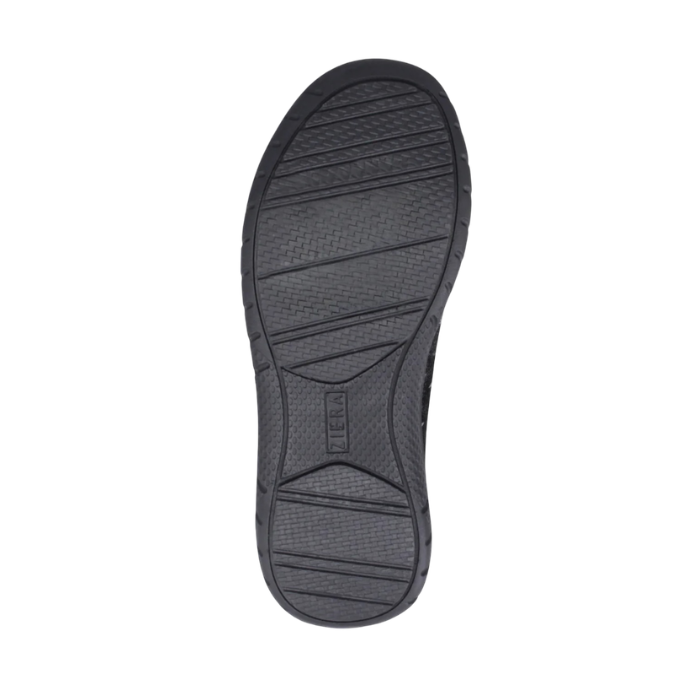 Black light treaded outsole with Ziera stamped in middle. 