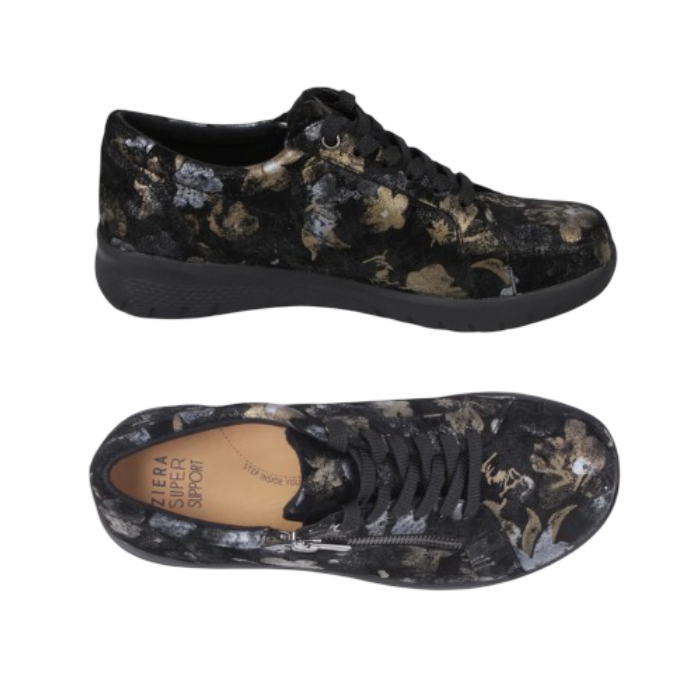 Pair of Black suede sneakers with floral metallic pattern, side zipper, black laces, tan Ziera footbed and black light treaded outsole.