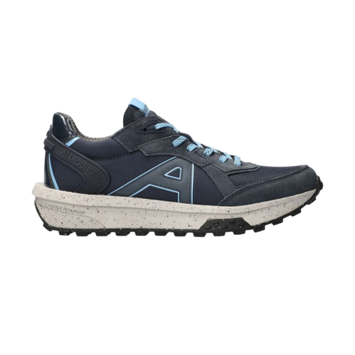 Women's Mephisto Deva Walking Shoes in navy with light blue laces, featuring a durable sole and orthotic-friendly design for everyday wear.