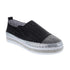 Women's Bernie Mev TW187 slip-on loafers in black with a glittery silver toe cap and memory foam insole, ideal for casual chic outfits.