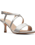 Silver slingback heeled sandal.