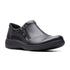 Women's Clarks Carleigh Ray slip-on shoe in black leather with side zipper and cushioned sole for all-day comfort and casual wear.