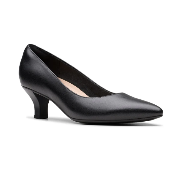 Clark&#39;s black leather pump with curved heel and pointed toe.