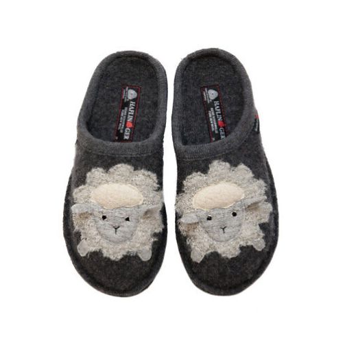 Grey wool slippers with a fluffy white lamb on each toe and a Haflinger logo on footbed.