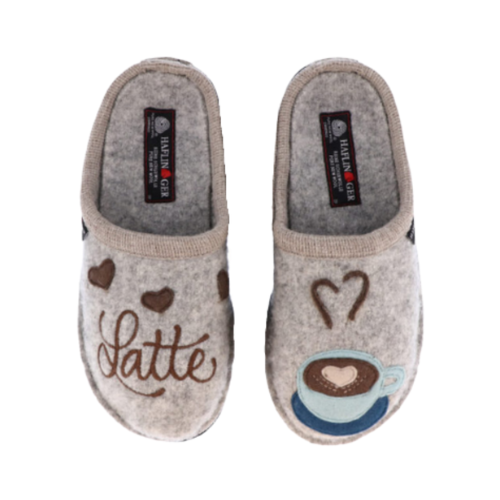 Pair of slippers with 'Latte' and coffee cup design on grey wool upper.