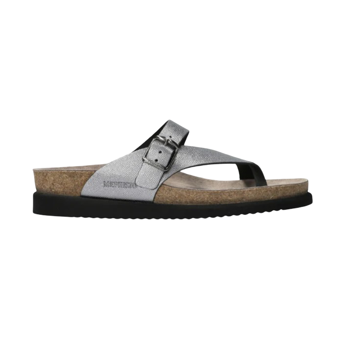Thong Footbed Sandal in dark silver leather with dark silver buckle strap, beige Mephisto logo'd suede lined cork footbed and black flat outsole.