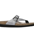Thong Footbed Sandal in dark silver leather with dark silver buckle strap, beige Mephisto logo'd suede lined cork footbed and black flat outsole.