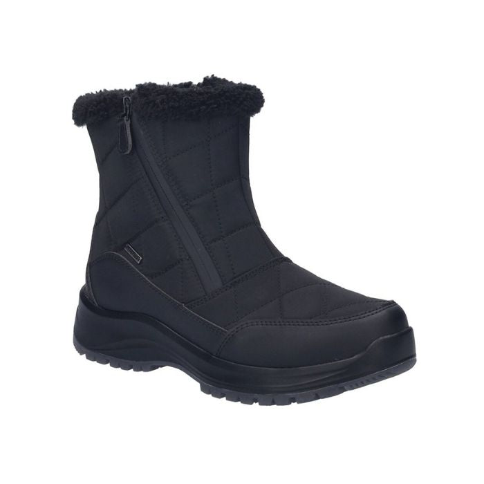 Black ankle boot with double zipper, detailed stitching and a thick black outsole.