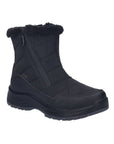 Black ankle boot with double zipper, detailed stitching and a thick black outsole.
