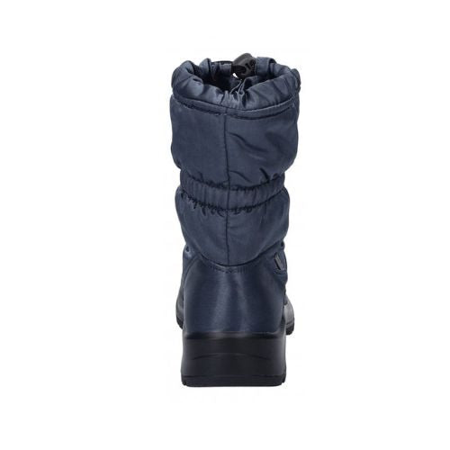 Heel of navy-colored mid boot with detail stitching and black rubber outsole.