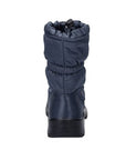 Heel of navy-colored mid boot with detail stitching and black rubber outsole.