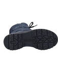 Black treaded outsole on winter mid boot.