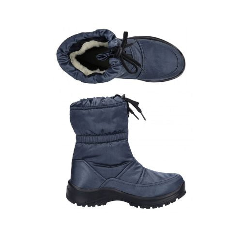 Pair of navy-colored ankle boots with a zipper, tie-up straps, white fur lining and detail stitching.