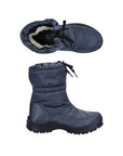Pair of navy-colored ankle boots with a zipper, tie-up straps, white fur lining and detail stitching.