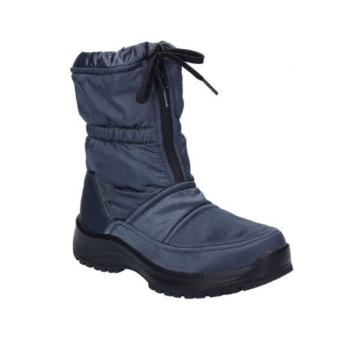 A navy-colored ankle boot with a zipper, tie-up straps and detail stitching.