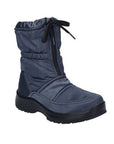 A navy-colored ankle boot with a zipper, tie-up straps and detail stitching.