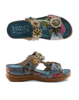 Pair of Bright blue sandal with colorful floral designs and embellishments, blue suede L'Artiste logo'd footbed and brown outsole.