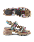Pair of Cool tone colored backstrap sandals with floral decorations, L'Artiste logo'd grey and tan footbed, and a paint stroke patterned lugged platform block heel outsole.