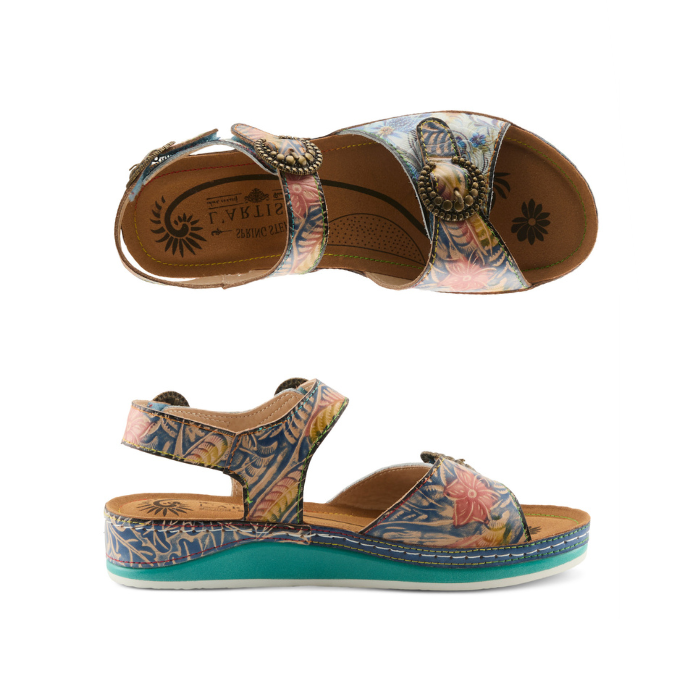 Pair of Backstrap sandals with floral pattern in blues, greens and peach tones, brass buckle details, tan L'Artiste logo footbed, teal midsole and white outsole.