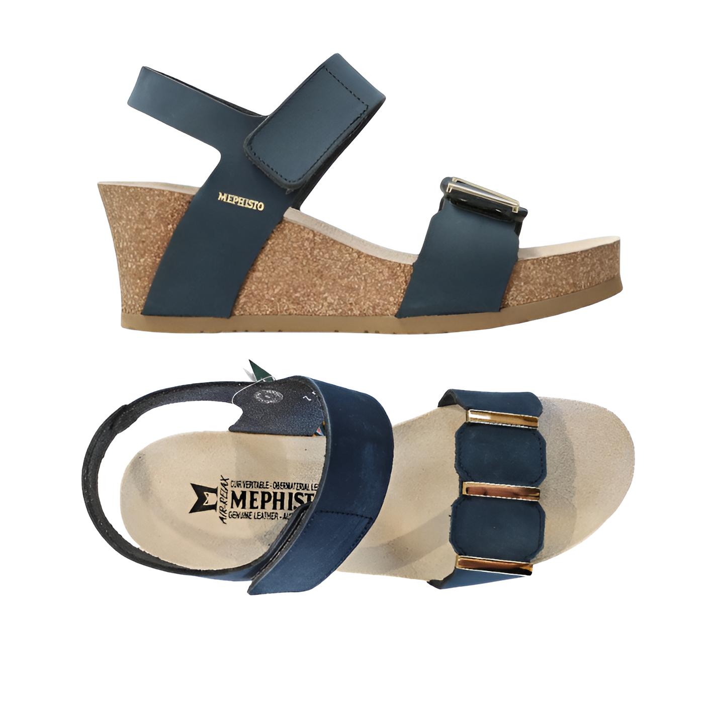 Pair of Navy wedge sandals with Velcro straps, gold bar details on toe strap, tan Mephisto logo'd footbed, cork midsole and beige outsole.