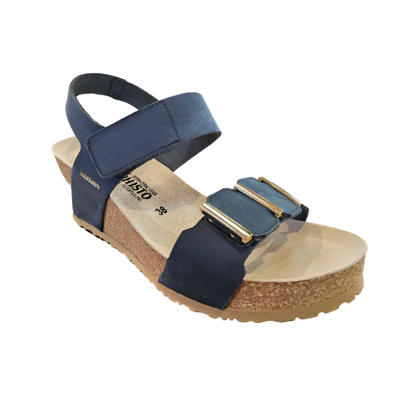 Navy wedge sandal with Velcro straps, gold bar details on toe strap, cork midsole and beige outsole.