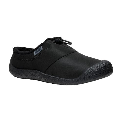 Black nylon clog with toe bumper, elastic bungee and treaded black outsole.