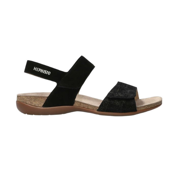 Pair of Black backstrap sandals with beige Mephisto logo'd footbed, cork midsole and brown outsole.