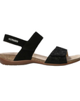 Pair of Black backstrap sandals with beige Mephisto logo'd footbed, cork midsole and brown outsole.