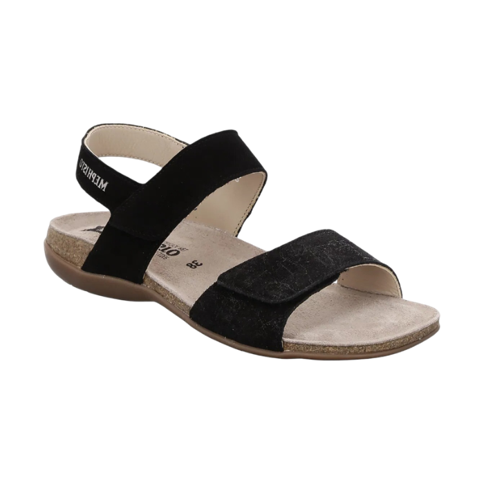 Black backstrap sandal with beige Mephisto logo'd footbed, cork midsole and brown outsole.
