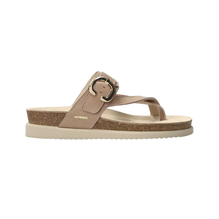 Thong Footbed Sandal in beige leather with decorative gold buckle on Velcro strap, tan Mephisto logo'd suede lined cork footbed and biege flat outsole.