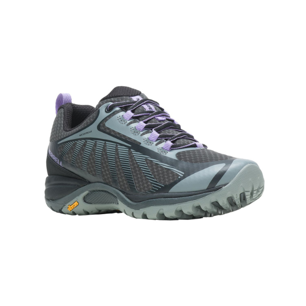 Women's Merrell Siren Edge Q2 Sneaker in grey and purple with waterproof mesh upper and rugged Vibram sole for hiking support and stability.