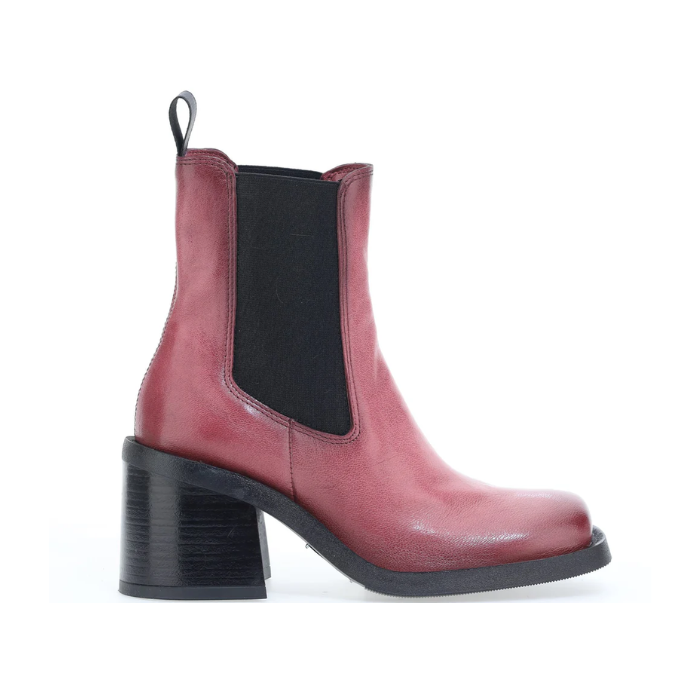 Mjus Coral color leather Chelsea boot with chunky stacked heel, black elastic side goring, square toe, and heel pull tab.