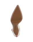 Tan light textured outsole of an almond toe pump with Naturalizer logo in middle.