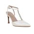 White high-heeled pump with embellished t-strap, buckle ankle strap and tan Naturalizer logo'd footbed.