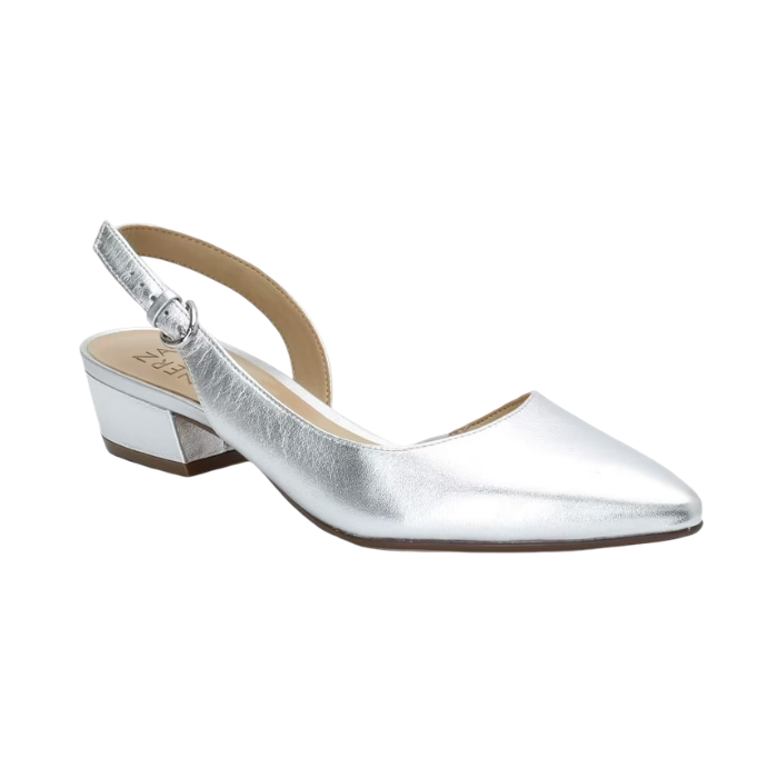 Silver leather slingback with tan footbed, pointed toe and low block heel.