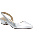 Silver leather slingback with tan footbed, pointed toe and low block heel.
