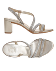 Pair of Champagne gold block heel sandals with rhinestone straps and Naturalizer logo'd footbed.