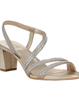 Champagne gold block heel sandal with rhinestone straps and Naturalizer logo'd footbed.
