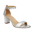Silver block heel sandal with buckled ankle strap and tan Naturalizer logo'd footbed.