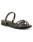 Black sparkly slide sandal with multiple criss-crossing straps, black Patrizia logo'd footbed and low wedge outsole.