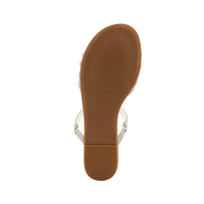 Light treaded low wedge outsole with size stamped in middle.