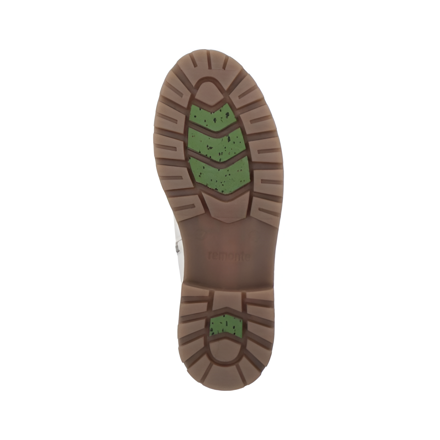 Brown treaded outsole with green fiber glass sections and Remonte logo in middle.