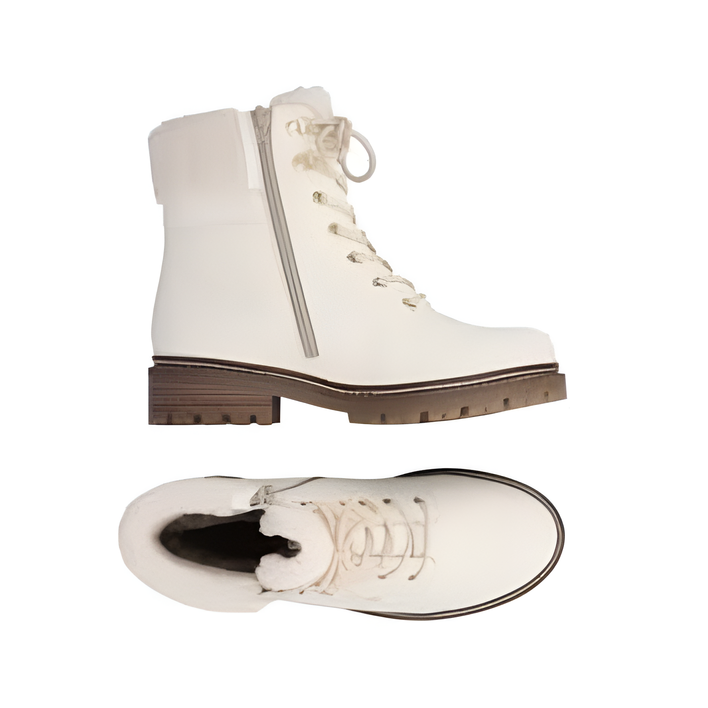 Pair of White winter ankle boots with fur cuff, gold eyelets, inside zipper and brown outsole. 