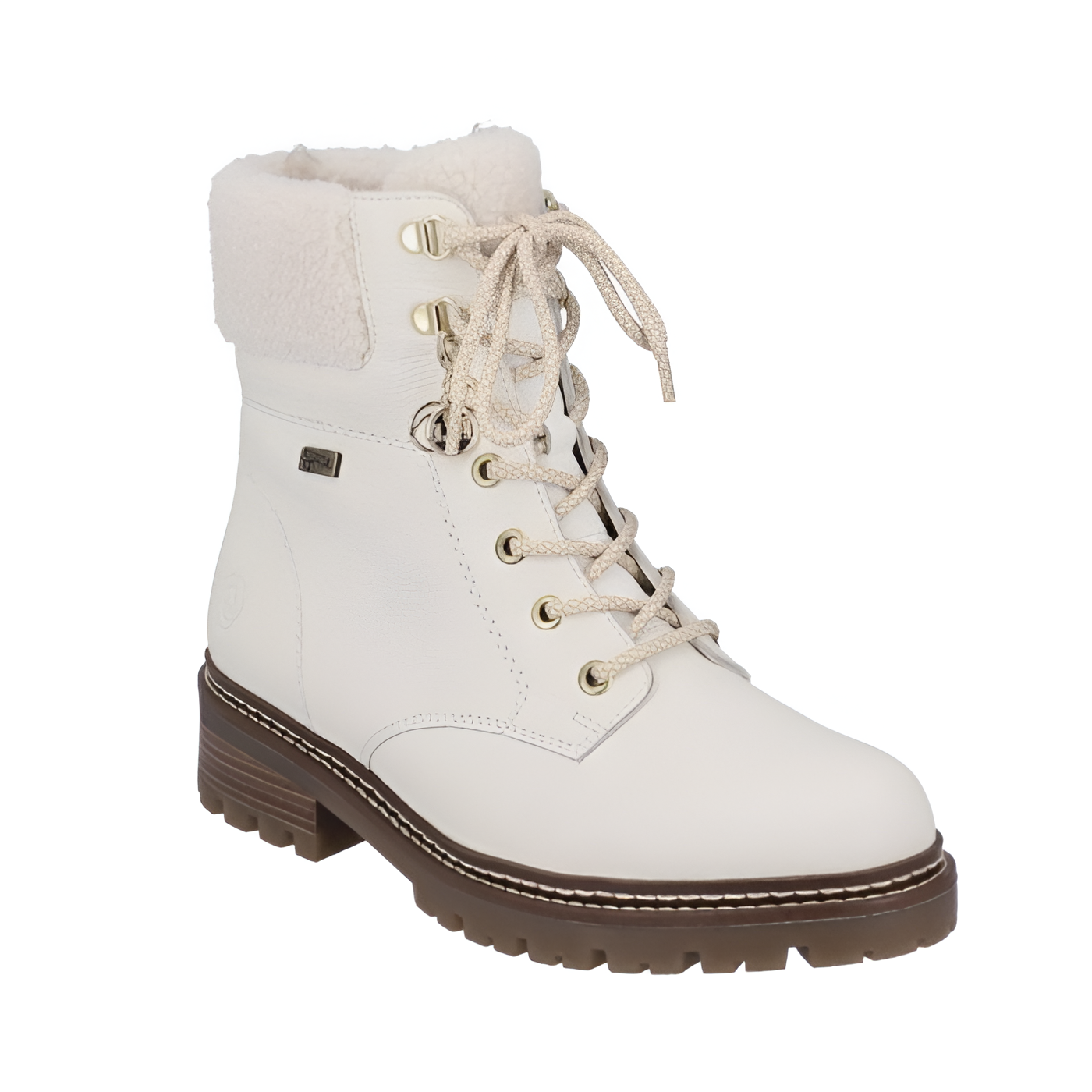 White winter ankle boot with fur cuff, gold eyelets and brown outsole. 