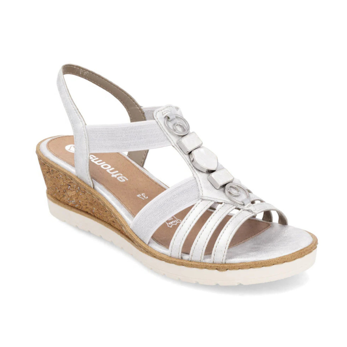 Silver slingback wedge sandal with gladiator style straps, shimmery pearled charm t-strap, tan Remonte logo'd footbed, cork wedge and white outsole.