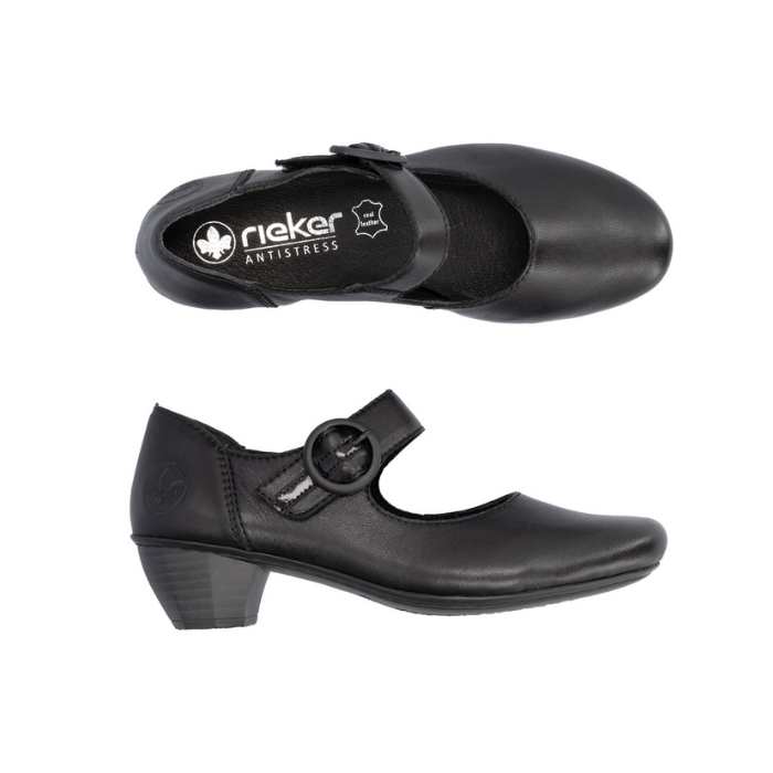 Pair of black leather heeled shoes with a black strap buckle and black footbed with the Rieker logo.